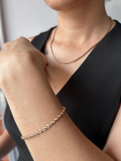 Combo Cadena + Pulsera LAZO rosa DAMA en Oro Laminado 18k